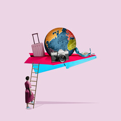 Traveling the world by airplane. Art collage.