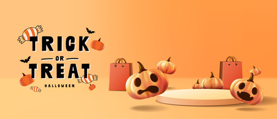 Halloween Promotion Poster or banner template. Pumpkin ghost,Wizard Hat,cute,cartoon and halloween elements. Website spooky or banner template