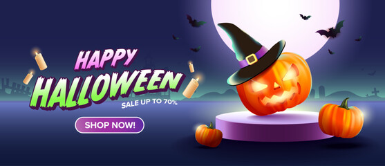 Happy Night Halloween banner, sale promotion with podium, party invitation background with halloween pumpkins on night background
