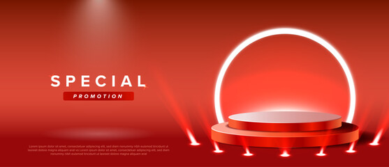 Red Stage podium with lighting, Stage Podium Scene with for Award Ceremony on red Background, Vector illustration