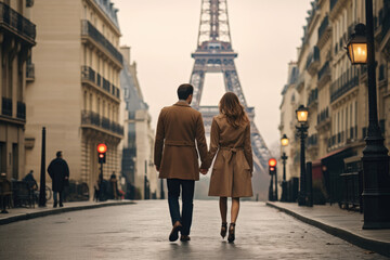 Couple holding hands and walking along the cobblestone streets of Paris with the Eiffel Tower in the background