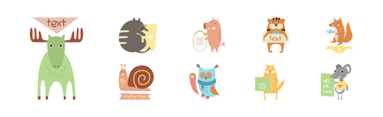 Funny Animal with Lovely Text Banner Greeting Vector Set