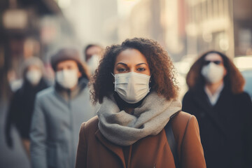 Diverse group of people wearing protective face masks in public spaces during flu season - obrazy, fototapety, plakaty