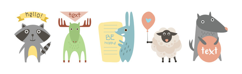 Funny Animal with Lovely Text Banner Greeting Vector Set