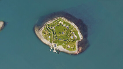 Fort Warren, star - pentagon shaped historical island castle, aerial view from above – Bird’s...