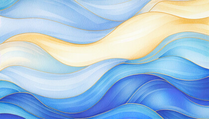 Fototapeta premium Abstract water ocean wave purple, lavender texture art. Blue and golden yellow water wave watercolor banner as background for tropical ocean beach vacation travel. Backdrop for pool party copy space