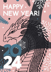 Happy New Year 2024 vertical poster with dragon, snowflakes, and congratulatory text. Vector flat illustration.