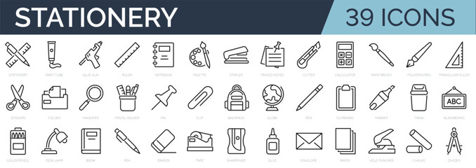 Set of outline icons related to school stationery. Linear icon collection. Editable stroke. Vector illustration