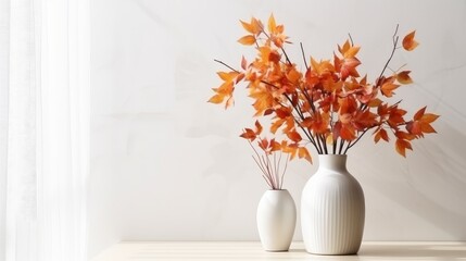 A cozy home interior adorned with charming decor elements, featuring a vase filled with vibrant autumn leaves as the centerpiece. Against a light background, this composition offers a delightful mock