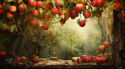 On a tranquil autumn day in a rustic garden, the frame captures the beauty of ripe red apples hanging from a tree while gentle raindrops fall, creating a serene and refreshing scene - obrazy, fototapety, plakaty
