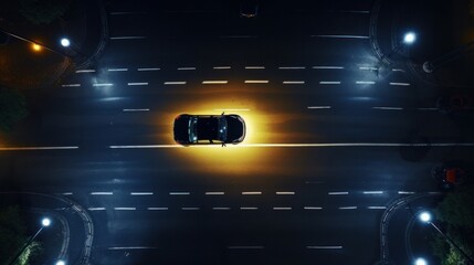 An aerial perspective captures a car with illuminated headlights as it traverses a pedestrian crosswalk on a dark night. This top-down view is captured from a drone, providing a unique vantage point o