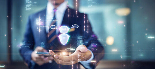 AI Chat Bot technology concept. Male developers are introducing world-changing artificial...