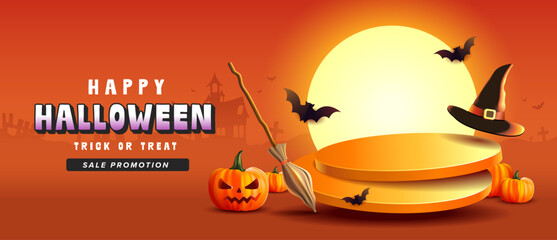 Trick or Treat Halloween Banner orange theme product display podium on evening background with Scray pumpkin and candle of 3D illustration