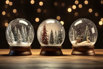 Three snow globes on a rustic wooden table