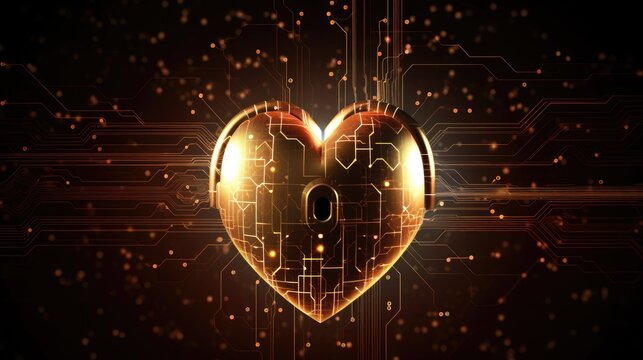 a golden digital heart for online relationships in a horizontal format in a Love-themed image as a JPG. Generative ai