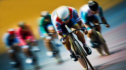 Track racing. Athletic men in track cycling at full speed. Olympic Games in Paris. Banner, blurred effect.