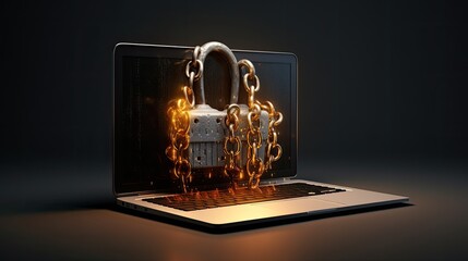 a laptop computer in chains with a padlock, warm tones in a business cyber security-themed image as a JPG horizontal format. generative ai