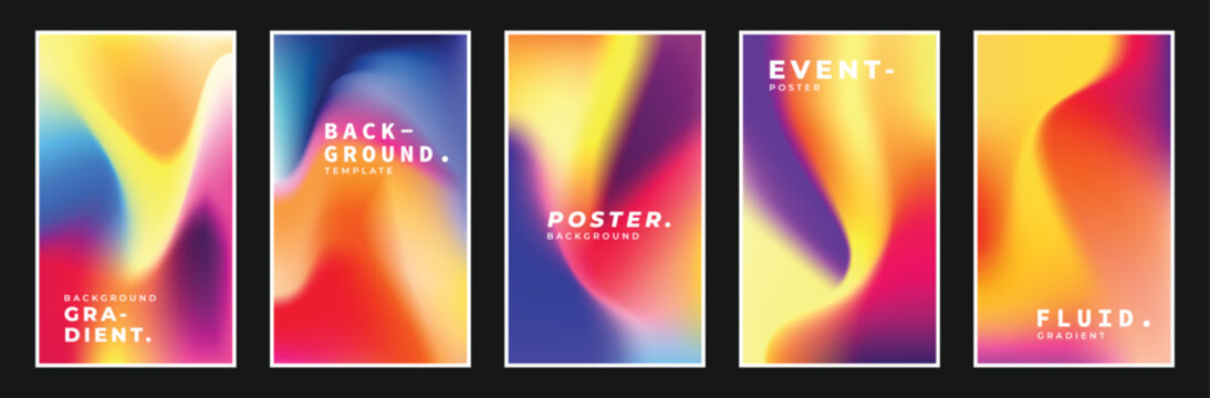Colorful, fluid and wavy gradient mesh background template copy space set. Dynamic and vibrant colour gradation flow backdrop for poster, banner, flyer, magazine, cover, brochure, festival, or event.