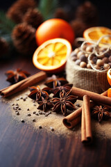 Fototapeta na wymiar Traditional Christmas spices and dried orange slices on holiday bokeh background with defocus lights. Cinnamon sticks, star anise, pine cones and cloves