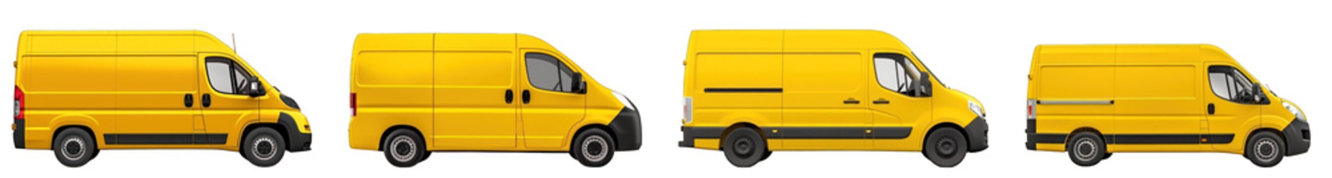 Yellow delivery van side view or truck with copy space or mock-up space isolated on transparent background generative ai