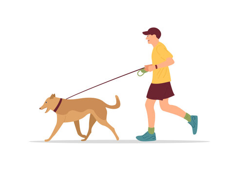 Man walks with a dog on leash. A guy is walking with his pet while doing sports. Outdoor activity design. Happy young boy and his lovely puppy. vector cartoon illustration.