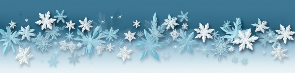 A winter wonderland with blue and white snowflakes dancing in the air