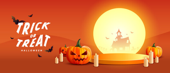 Trick or Treat Halloween Banner Promotion Poster template with Halloween pumpkins,cute,shopping bag.Website spooky or banner template. Vector illustration