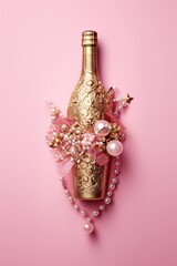 A bottle of champagne adorned with pearls on a vibrant pink background