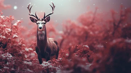 Selbstklebende Fototapeten A majestic deer in a winter wonderland forest © pham