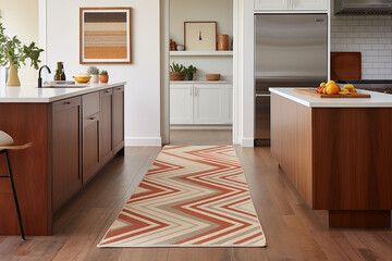 Fototapeta premium Kitchen in a new house with a yellow carpet on the floor. .