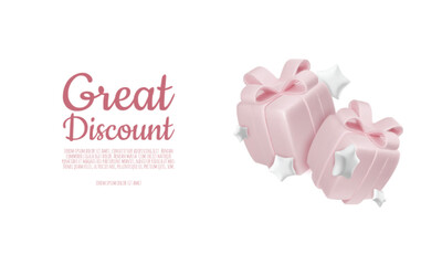 Realistic holiday design with soft pink gift boxes with stars. 3d render object. Holiday banner, web poster, greeting card. vector illustration