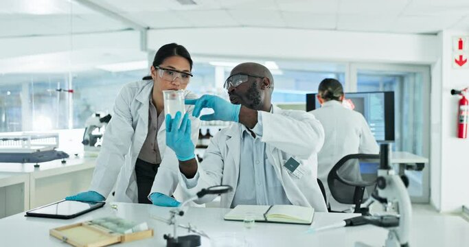 Teamwork, beaker or scientist in laboratory for liquid particles, medical study or test experiment research. People, DNA or water with chemical formula for science development or futurist results