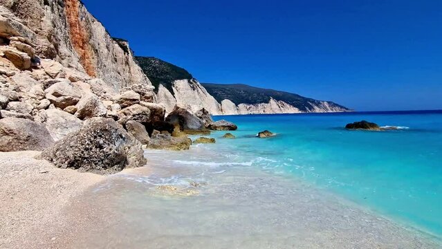 Fteri Beach Kefalonia Greece 4k natural audio sea waves sound, Scenic Wild Coastline White Limestone Cliffs and Crystal Turquoise Sea, Ionian Islands Cephalonia Mediterranean Summer Travel 