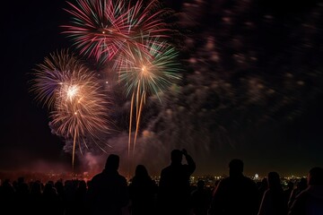 Fototapeta na wymiar Exploding fireworks and vibrant crowds celebrating the New Year., generative IA