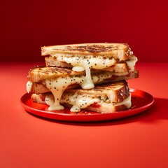 Delicious triple cheese panini with sesame seeds on top slice, on red background