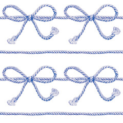 Seamless pattern of blue rope cords with bow knots. Hand drawn illustration. Hand painted elements. On white background. - obrazy, fototapety, plakaty