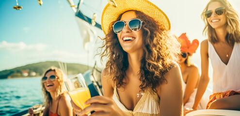 Woman in sunglasses having fun with friends at a boat party. A group of young people relaxing on luxury yacht with drinks and taking selfies.
 - obrazy, fototapety, plakaty