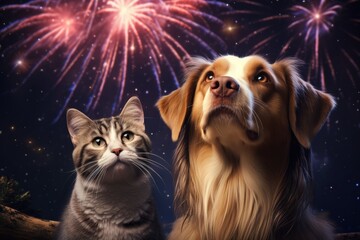A dog and a cat watching the fireworks display in awe