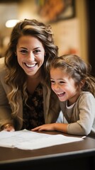 Obraz premium Smiling teacher helping student with homework
