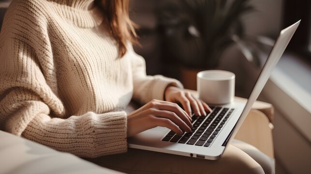 Close-up of a young woman, in a cozy sweater, typing on a laptop with a cup of coffee by her side. generative AI