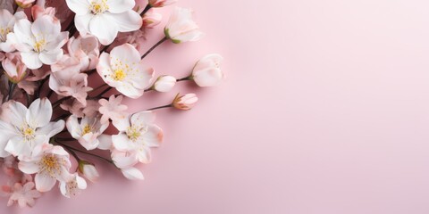Obraz premium Spring flowers bouquet in pastel pink colors. Spring flowers background. Copy space. Photo texture. Horizontal banner poster. Ai generated