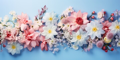 Obraz na płótnie Canvas Beautiful spring flowers bouquet on pastel blue background top view. Spring flowers. Copy space. Photo texture. Horizontal banner. Ai generated