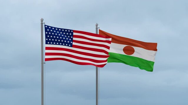 Niger flag and United State or USA flag waving together on cloudy sky, endless seamless loop, two country relations concept
