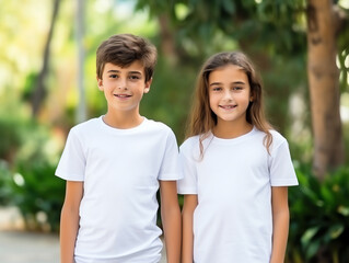 Cute sibling or friend, boy and girl wearing blank empty white tshirt mockup for design template