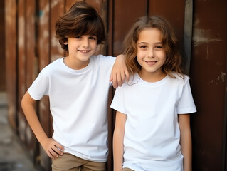 Cute sibling or friend, boy and girl wearing blank empty white tshirt mockup for design template
