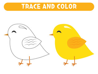 Trace and color cute cartoon yellow bird. Worksheet for kids