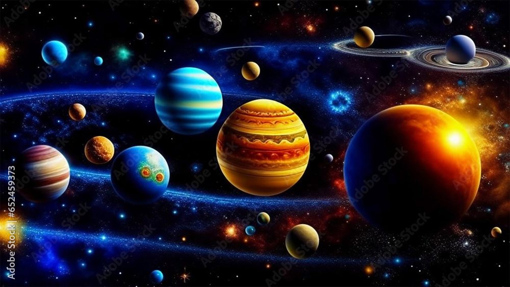 Wall mural planets and galaxies in outer space abstract background. endless universe with stars. universe scien