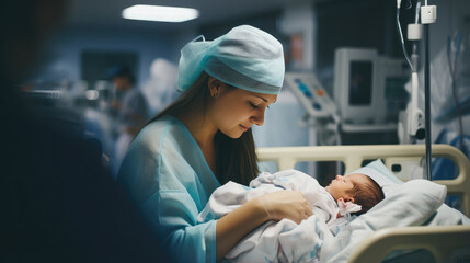 Generative AI, woman holding a newborn baby in her arms in the delivery room, young mother, maternity hospital, clinic, childbirth, pregnancy, small child, postpartum control, neonatology, parent