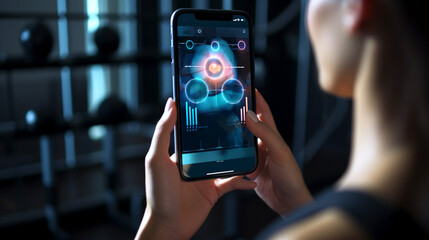 Smartphone in hand with Fitness mobile app, and graphic data analytics, workout metrics or body...
