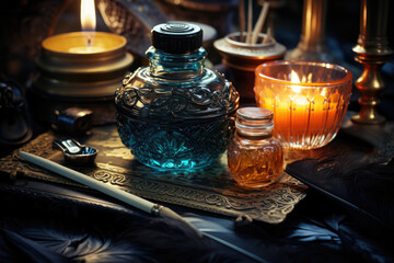 An ornate quill pen and inkwell, tools of classical authors. Generative Ai.